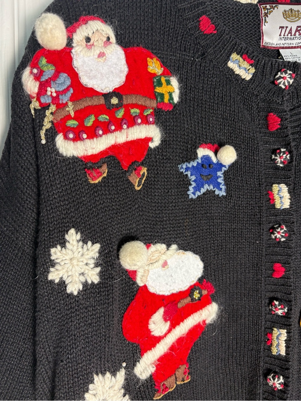 Tiara International Women’s L Black Santa Christmas Knit Button-Front Cardigan - Picture 2 of 7